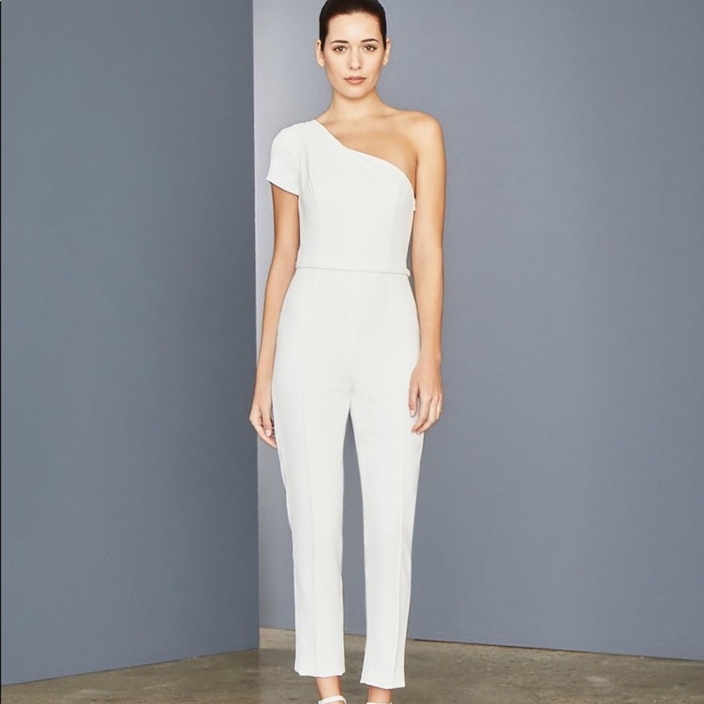 Amsale White One Shoulder Crepe Tailored Jumpsuit